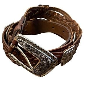 Womens Brown Leather Braided Belt Western Buckle Extra Large